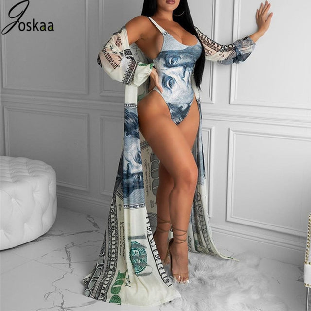 Joskaa Money Print Beach Wear Swimming Suit for Women Summer Two Piece Set Bathing Suit Sexy Swimwear with Cover Up Set - VACAMAMI